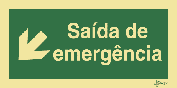 Sinalética Saída de Emergência em Texto (Seta Diagonal Esquerda para Baixo) - E0034