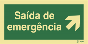 Sinalética Saída de Emergência em Texto (Seta Diagonal Direita para Cima) - E0036