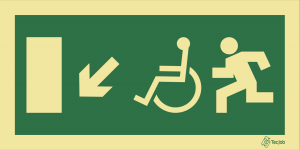 Sinalética de Saída para pessoas com deficiência ou mobilidade condicionada (Seta Diagonal Esquerda para Baixo) - E0102