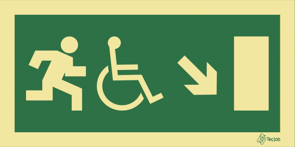 Sinalética de Saída para pessoas com deficiência ou mobilidade condicionada (Seta Diagonal Direita para Baixo) - E0104