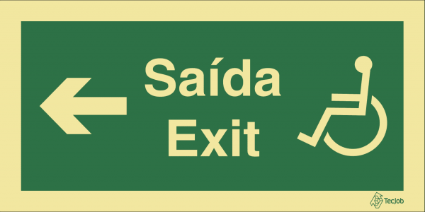 Sinalética de Saída/Exit com texto para pessoas com deficiência ou mobilidade condicionada (Seta para Esquerda) - E0112