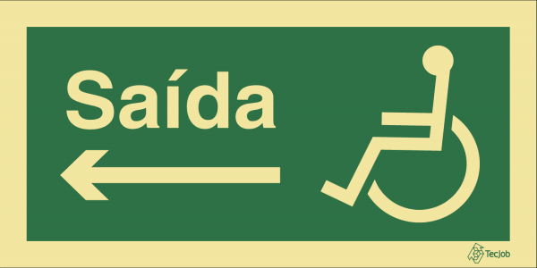 Sinalética de Saída com texto para pessoas com deficiência ou mobilidade condicionada (Seta para Esquerda) - E0114