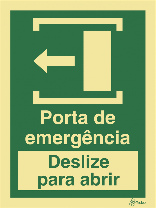 Sinalética Porta de Emergência. Deslize para Abrir (Esquerda) - E0423