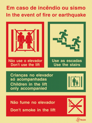 Sinalética Em Caso de Incêndio ou Sismo Não Use o Elevador/ Use as Escadas + Não Fumar no Elevador - I0362