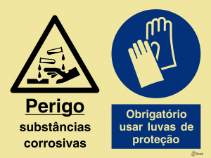 Sinalética Perigo Substâncias Corrosivas/Obrigatório Usar Luvas de Proteção - OB0331