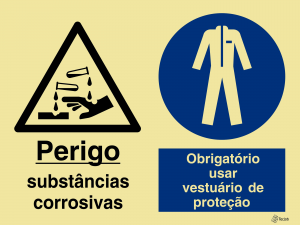 Sinalética Perigo Substâncias Corrosivas/Obrigatório Usar Vestuário de Proteção - OB0333
