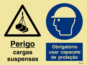 Sinalética Perigo Cargas Suspensas/Obrigatório Usar Capacete de Proteção - OB0337