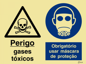 Sinalética Perigo Gases Tóxicos/ Obrigatório Usar Máscara de Proteção - OB0339