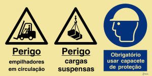 Sinalética Perigo Empilhadores em Circulação/Perigo Cargas Suspensas/Uso Obrigatório de Capacete de Proteção - OB0400