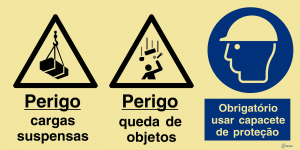 Sinalética Perigo Cargas Suspensas/Perigo Queda de objetos/ Uso Obrigatório de Capacete de Proteção - OB0401