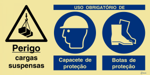 Sinalética Perigo Cargas Suspensas/Uso Obrigatório de Capacete e Botas de Proteção - OB0405