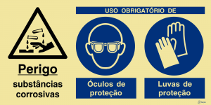 Sinalética Perigo Substâncias Corrosivas/Uso Obrigatório de Óculos e Luvas de Proteção - OB0406