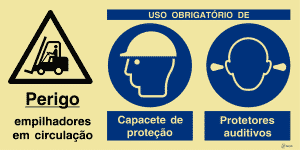 Sinalética Perigo Empilhadores em Circulação/Uso Obrigatório de Capacete de Proteção e Protetores Auditivos - OB0407