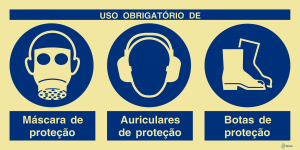 Sinalética Uso Obrigatório de Máscara, Auriculares e Botas de Proteção - OB0418