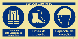 Sinalética Uso Obrigatório de Colete de Alta Visibilidade, Botas e Capacete de Proteção - OB0424
