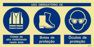 Sinalética Uso Obrigatório de Colete de Alta Visibilidade, Botas e Óculos de Proteção - OB0427