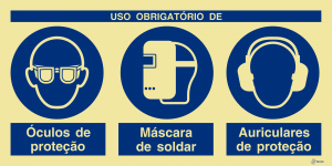Sinalética Uso Obrigatório de Máscara de Soldar, Óculos e Auriculares de Proteção - OB0428