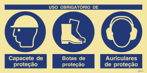 Sinalética Uso Obrigatório de Capacete, Botas e Auriculares de Proteção - OB0443