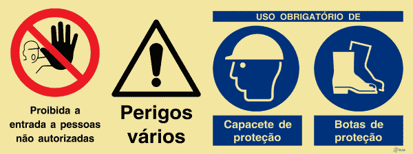 Sinalética Proibida a Entrada a Pessoas Não Autorizadas/Perigos Vários/Uso Obrigatório de Capacete e Botas de Proteção - OB0462