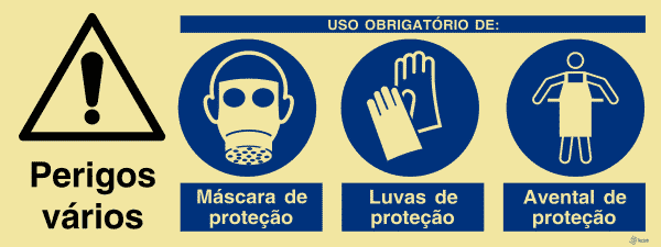 Sinalética Perigos Vários/Uso Obrigatório de Máscara, Luvas e Avental de Proteção - OB0463